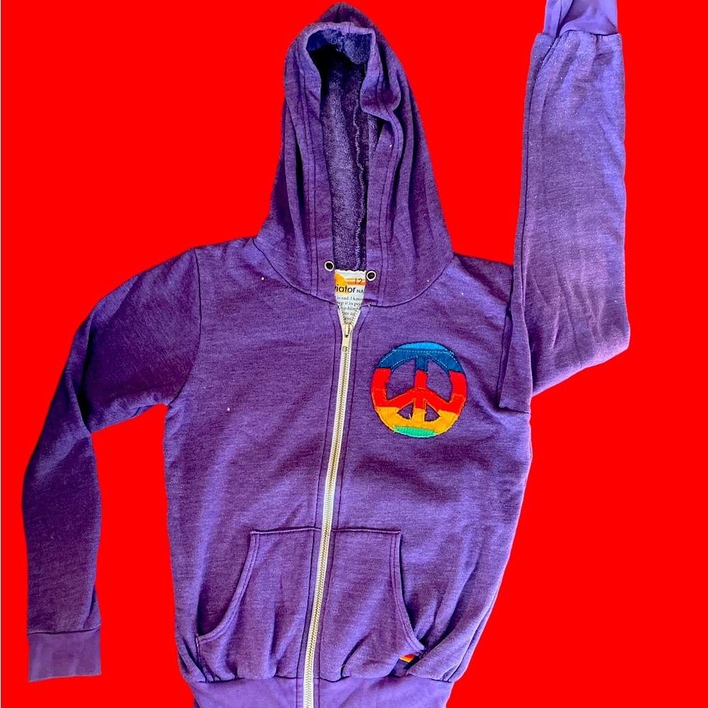 Aviator Nation, kids size 12, zip up, purple peace sign hoodie :)